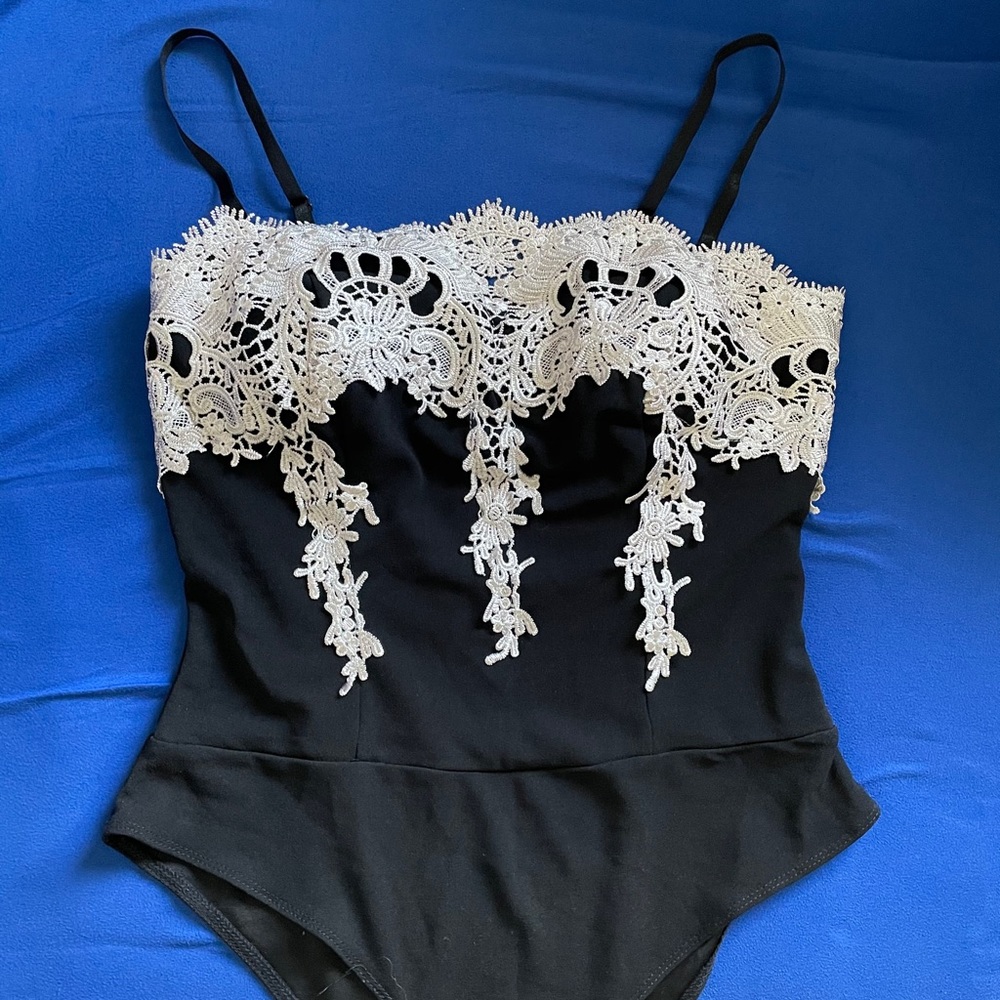 Black bodysuit with White Lace Detail